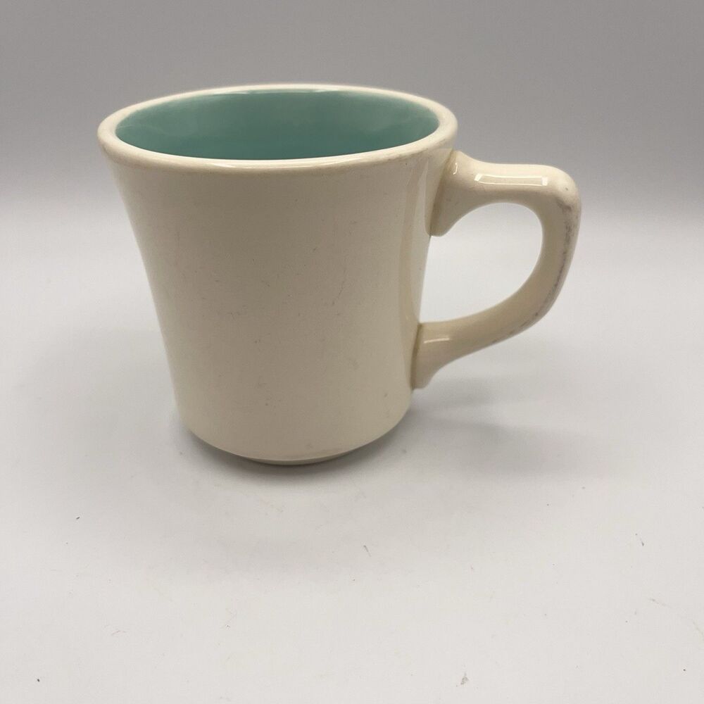 Vintage Genuine Taylor Mug Stoneware Coffee Cups White & Turquoise USA